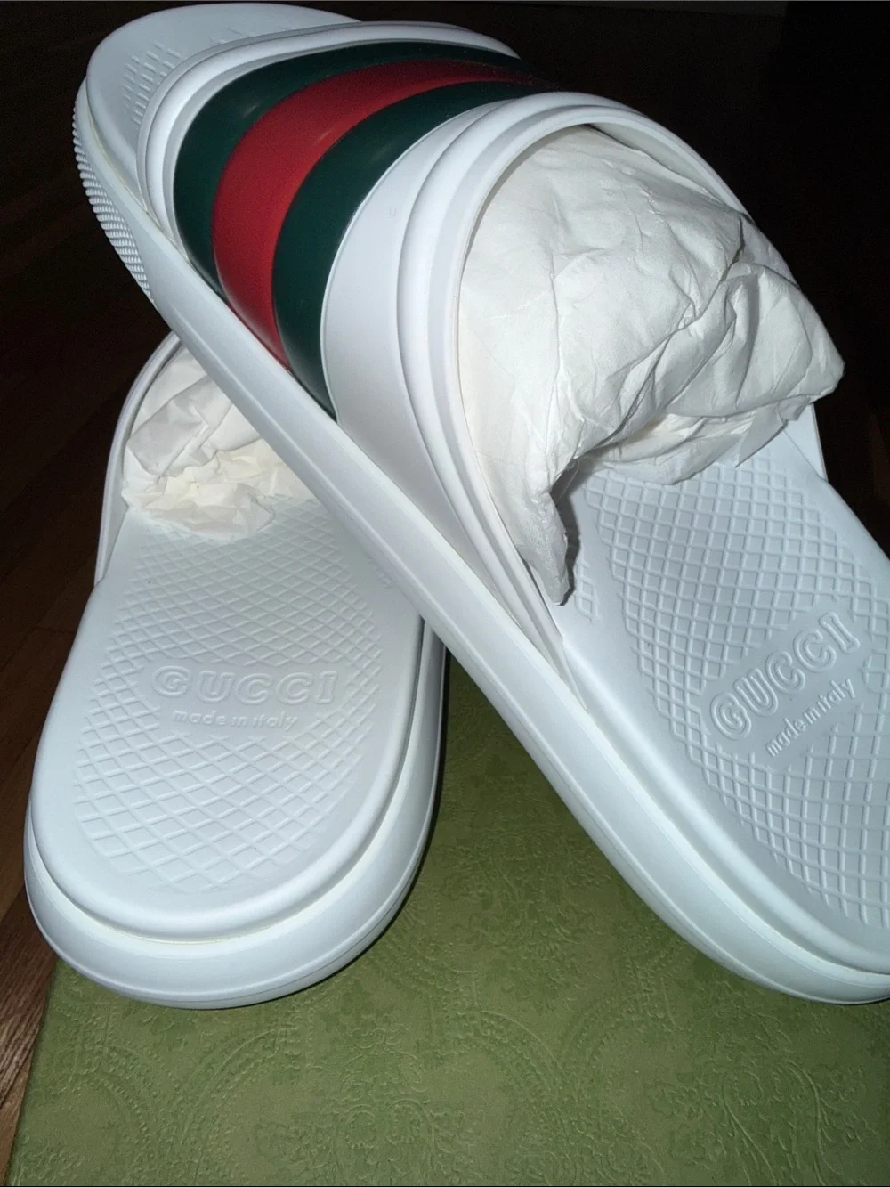 Gucci White Slides with Green & Red Stripes